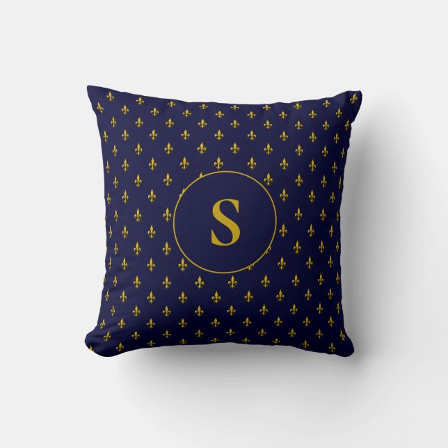 Guld Fleur de Lis Mönster om Royal Blue Monogram Kudde (Framsida)
