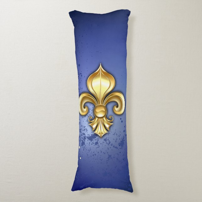 Guld Fleur de Lis på blå Kroppskudde (Framsidan Vertikal)