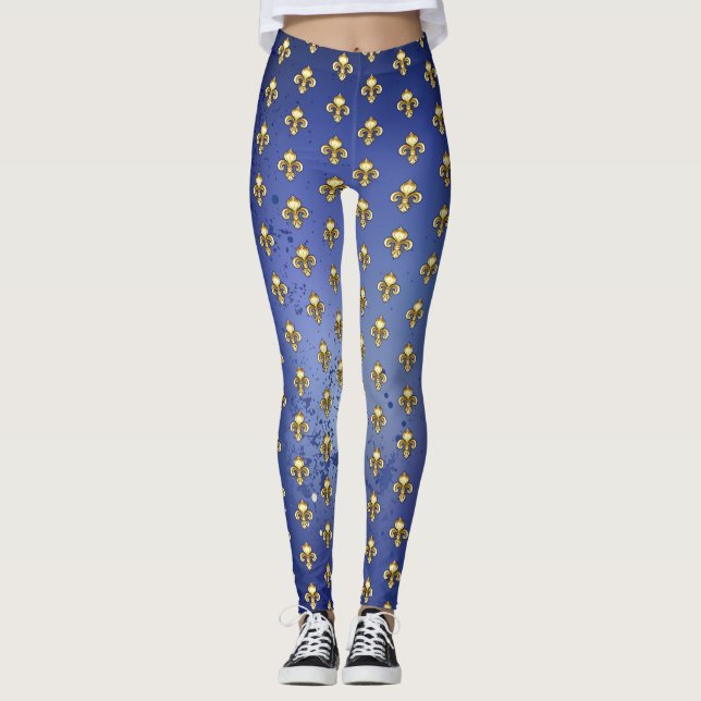 Guld Fleur de Lis på Blå Leggings (Framsida)