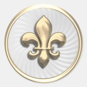 Guld Fleur de Lis på White Twirl Background Runt Klistermärke