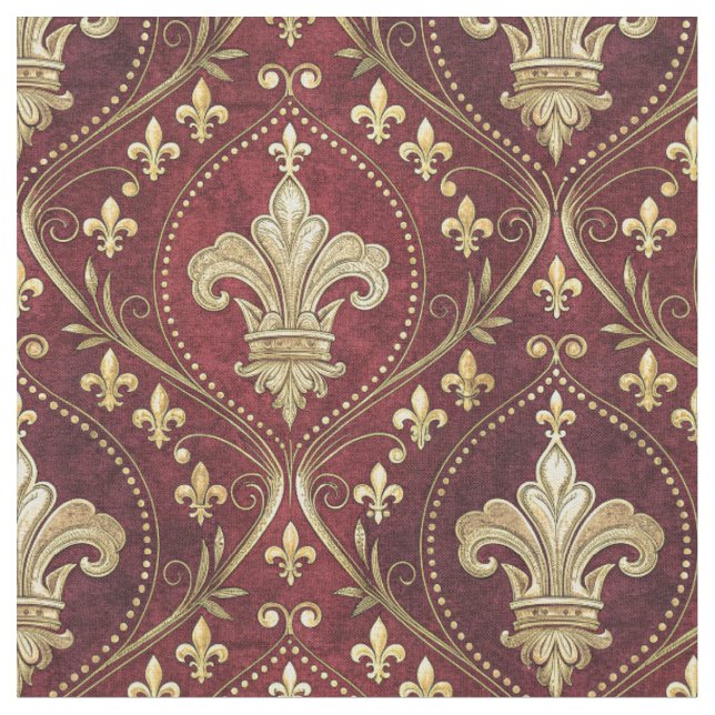 Guld Fleur-de-lis Röd Velvet Kunglig Designmönster Tyg (Närbild)