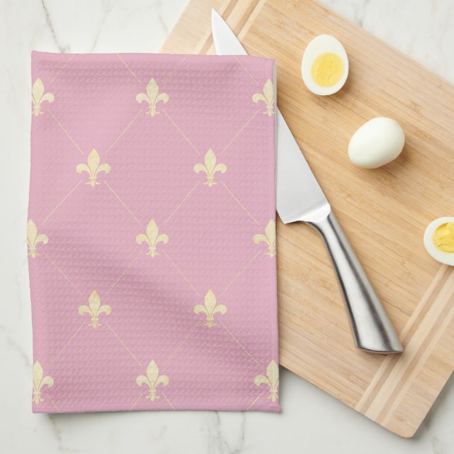 Guld Fleur-de-Lis Rosa Kökshandduk (Vikt i Fjärdedel)