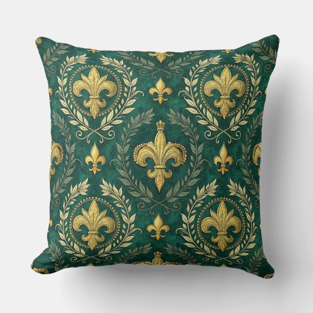 Guld Fleur-de-lis Smaragdgrönt Damastmönster Konst Kudde (Framsida)