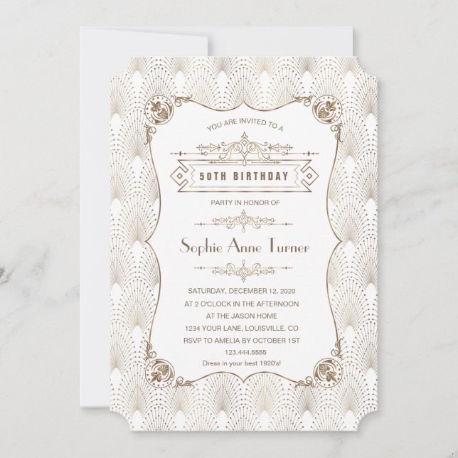Guld Fleur-de-lis Underbar Gatsby 20:e födelsedage Inbjudningar (Framsida)