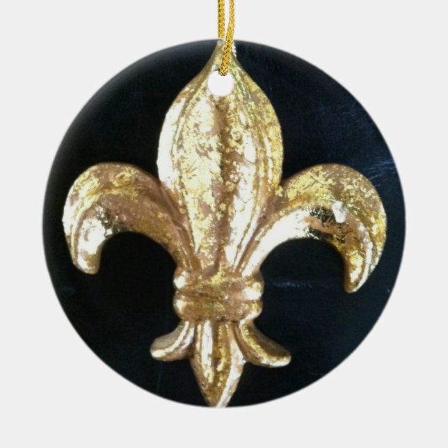 GULD- FLEUR DE LIS UTSKRIFT JULGRANSPRYDNAD KERAMIK (Framsidan)