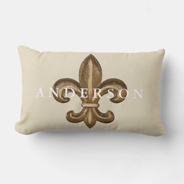 Guld Fleur de Lis & vitgallerTaupe Lumbarkudde (Framsida)