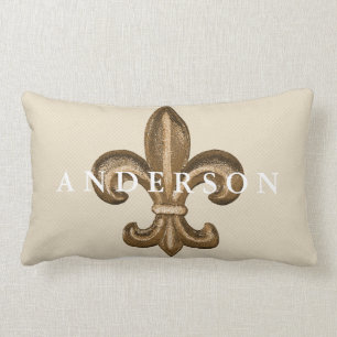 Guld Fleur de Lis & vitgallerTaupe Lumbarkudde