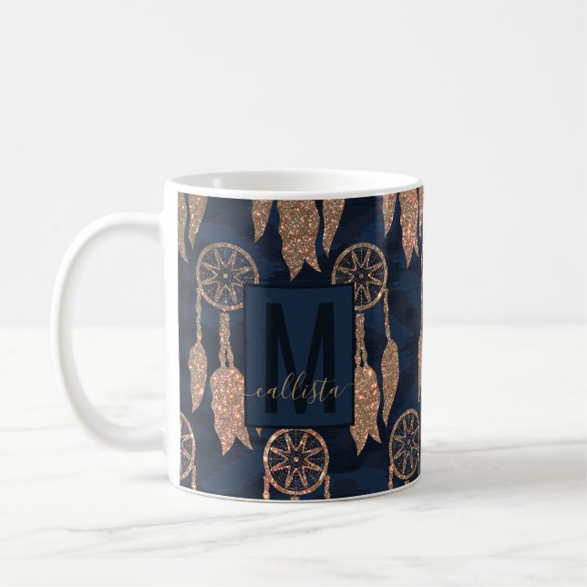 Guld-flottan Blue Glitter Ikat Dream Catcher Monog Kaffemugg (Vänster)