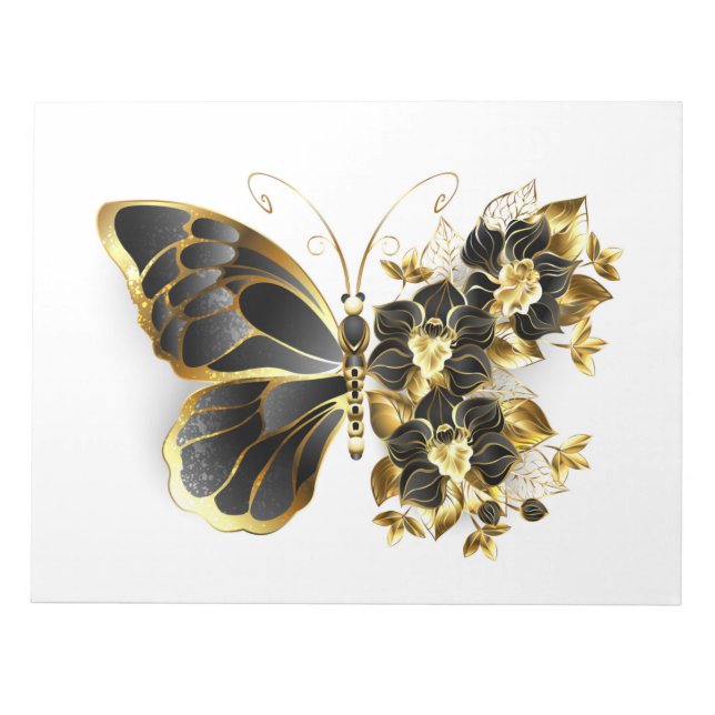 Guld Flower Butterfly med Black Orchid Anteckningsblock (Framsida)