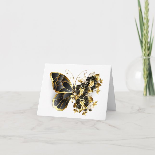 Guld Flower Butterfly med Black Orchid Anteckningskort (Framsida)