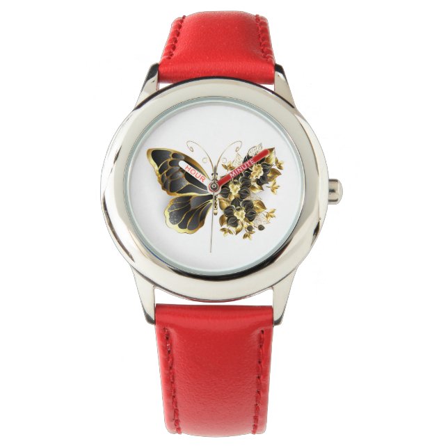 Guld Flower Butterfly med Black Orchid Armbandsur (Framsida)