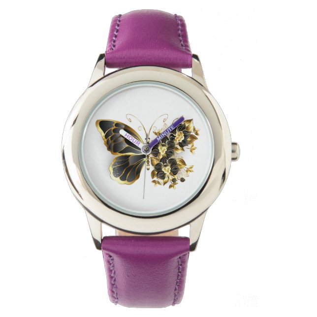Guld Flower Butterfly med Black Orchid Armbandsur (Framsida)