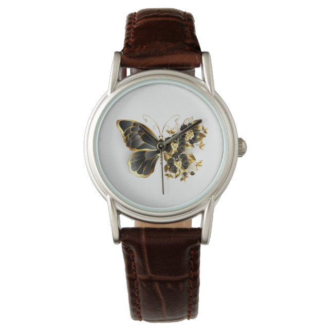 Guld Flower Butterfly med Black Orchid Armbandsur (Framsida)