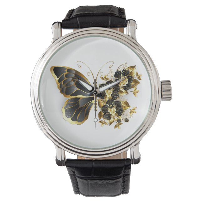 Guld Flower Butterfly med Black Orchid Armbandsur (Framsida)
