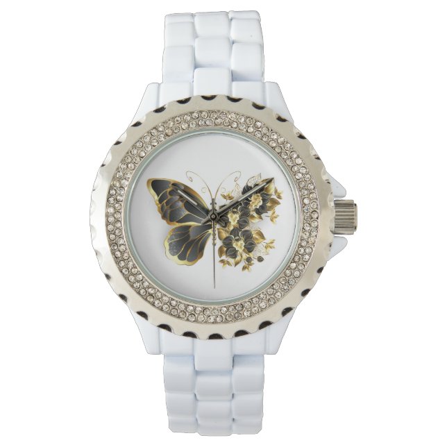 Guld Flower Butterfly med Black Orchid Armbandsur (Framsida)