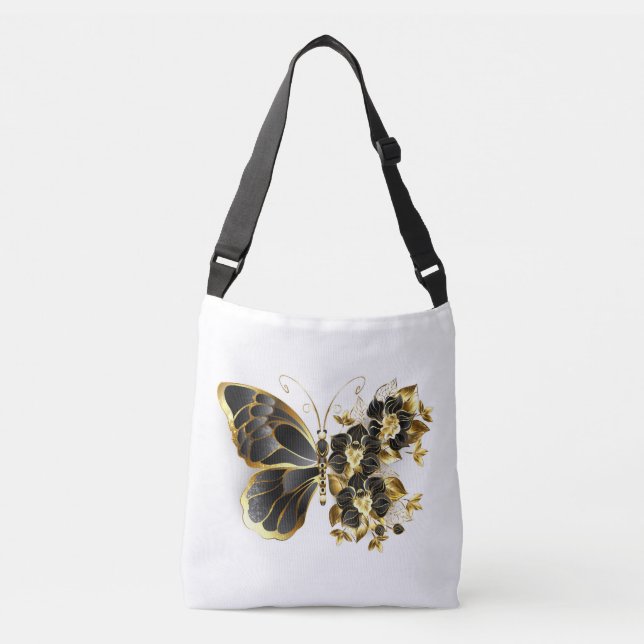 Guld Flower Butterfly med Black Orchid Axelväska (Framsida)