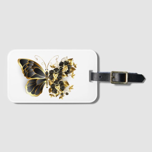 Guld Flower Butterfly med Black Orchid Bagagebricka (Framsida horisontal)