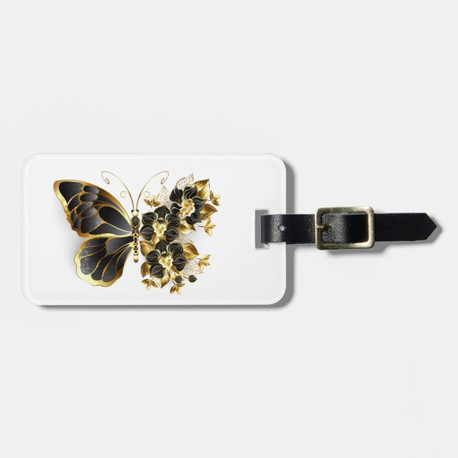 Guld Flower Butterfly med Black Orchid Bagagebricka (Horisontell Framsida)