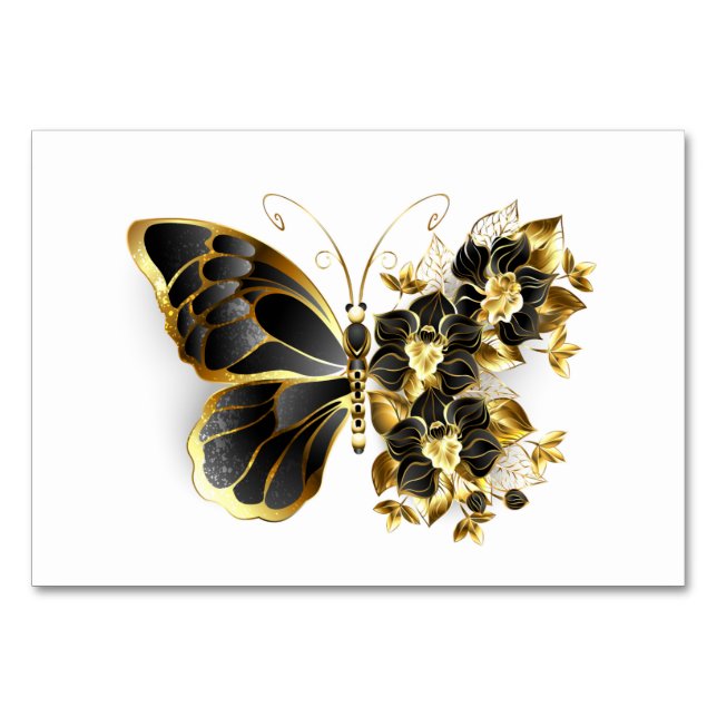Guld Flower Butterfly med Black Orchid Bordsnummer (Framsidan)