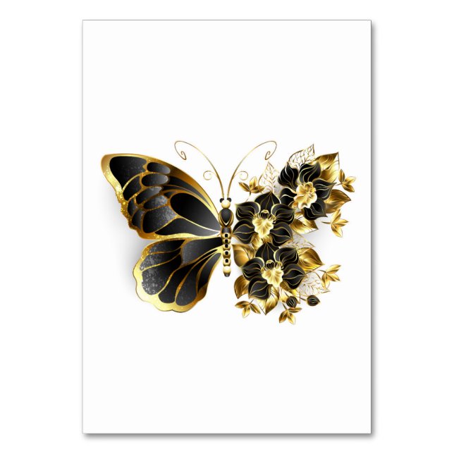 Guld Flower Butterfly med Black Orchid Bordsnummer (Framsidan)