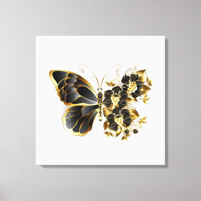 Guld Flower Butterfly med Black Orchid Canvastryck (Framsida)