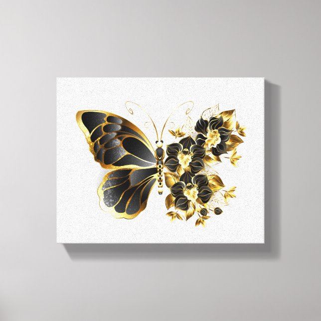 Guld Flower Butterfly med Black Orchid Canvastryck (Framsida)