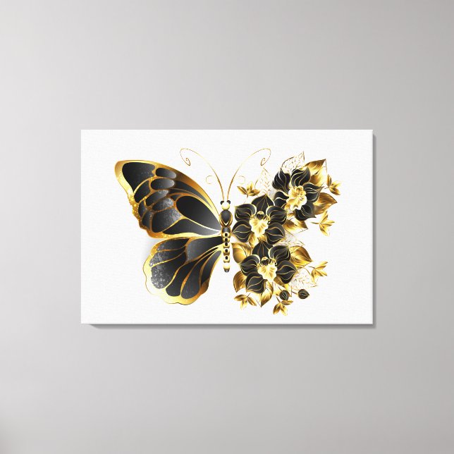 Guld Flower Butterfly med Black Orchid Canvastryck (Framsida)