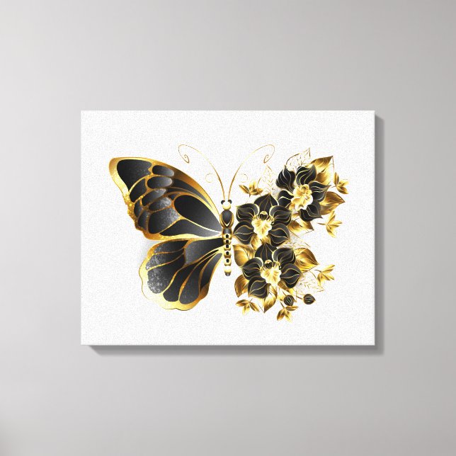 Guld Flower Butterfly med Black Orchid Canvastryck (Framsida)