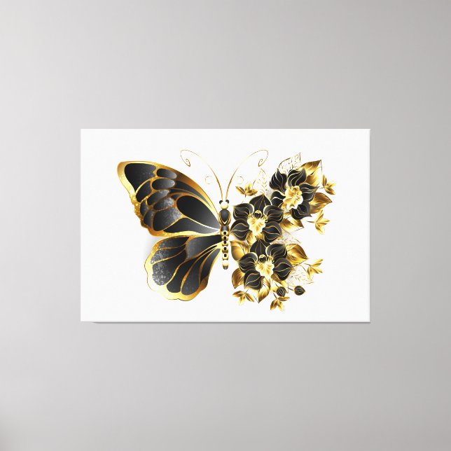 Guld Flower Butterfly med Black Orchid Canvastryck (Framsida)