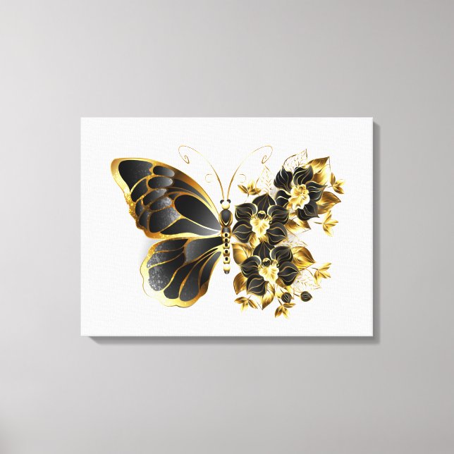 Guld Flower Butterfly med Black Orchid Canvastryck (Framsida)