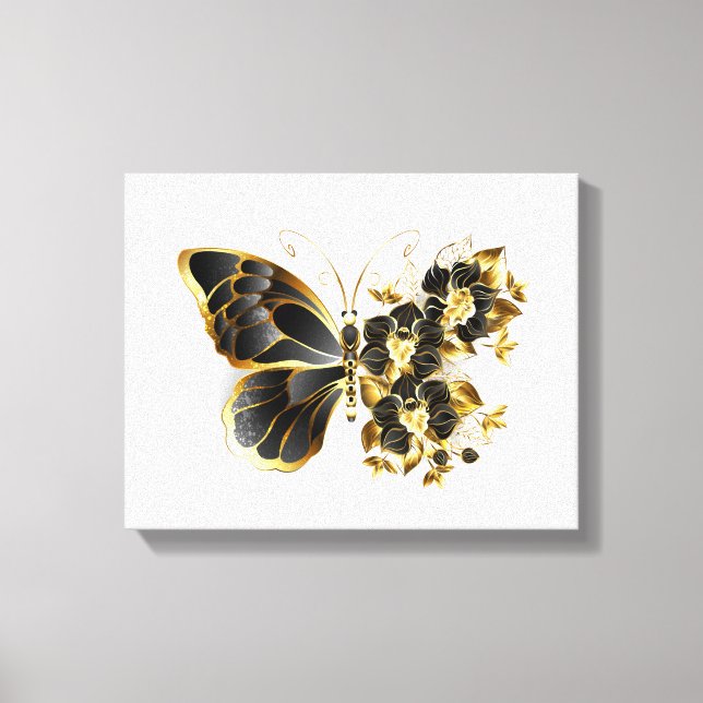 Guld Flower Butterfly med Black Orchid Canvastryck (Framsida)