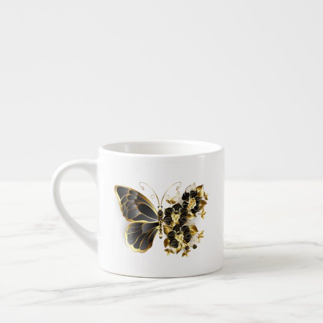 Guld Flower Butterfly med Black Orchid Espressomugg (Vänster)