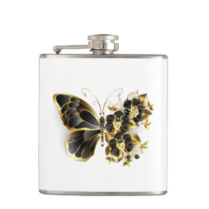 Guld Flower Butterfly med Black Orchid Fickplunta