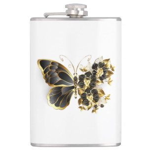 Guld Flower Butterfly med Black Orchid Fickplunta