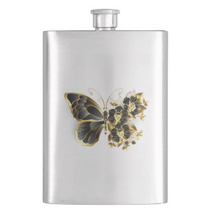 Guld Flower Butterfly med Black Orchid Fickplunta