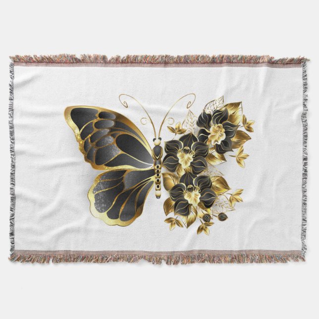 Guld Flower Butterfly med Black Orchid Filt (Framsidan)
