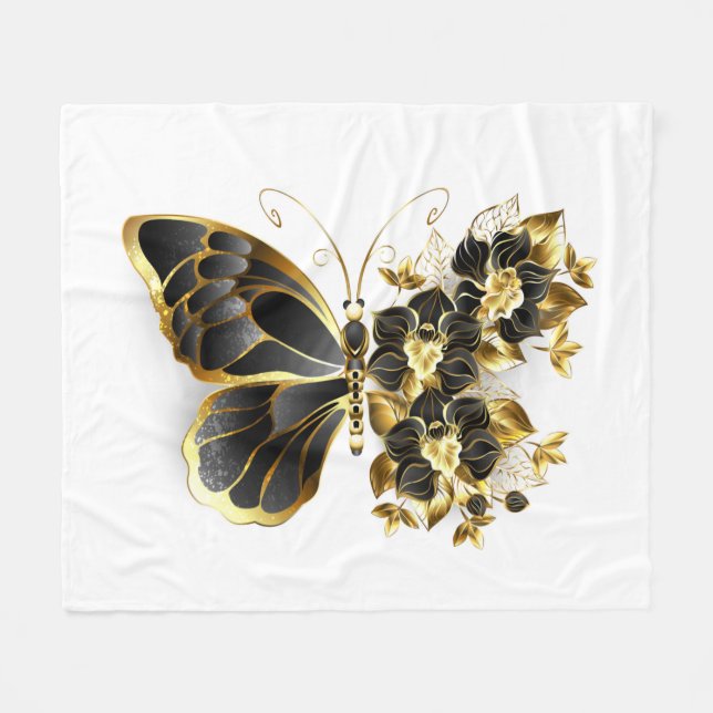 Guld Flower Butterfly med Black Orchid Fleecefilt (Framsidan (Horisontell))