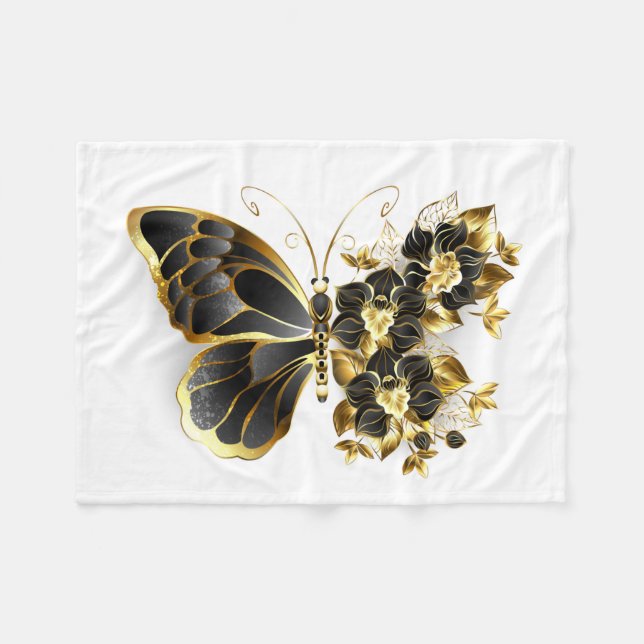 Guld Flower Butterfly med Black Orchid Fleecefilt (Framsidan (Horisontell))