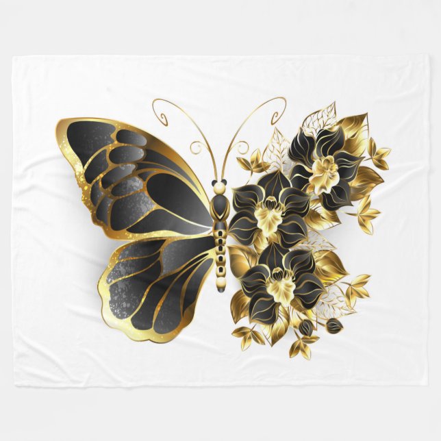 Guld Flower Butterfly med Black Orchid Fleecefilt (Framsidan (Horisontell))