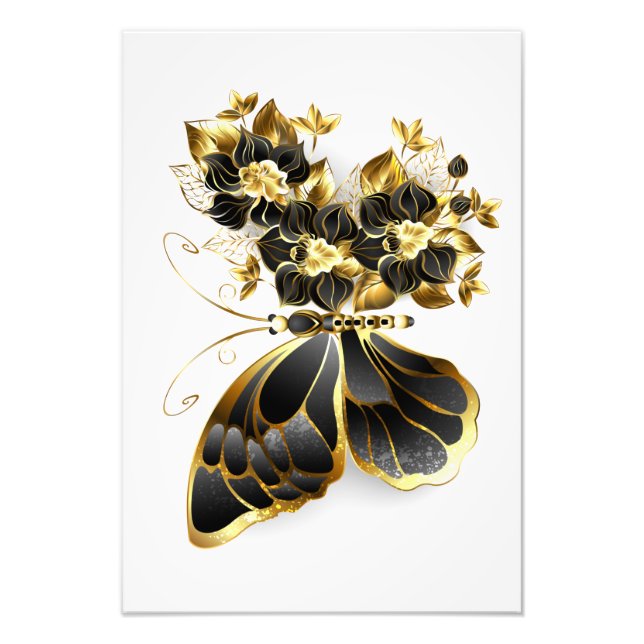 Guld Flower Butterfly med Black Orchid Fototryck (Framsidan)