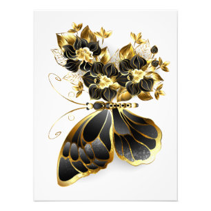 Guld Flower Butterfly med Black Orchid Fototryck