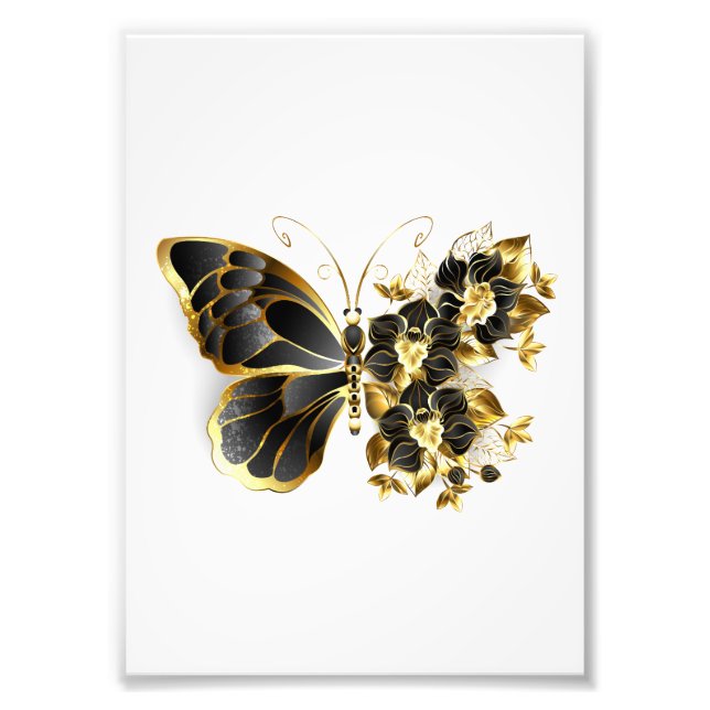 Guld Flower Butterfly med Black Orchid Fototryck (Framsidan)