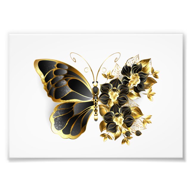 Guld Flower Butterfly med Black Orchid Fototryck (Framsidan)