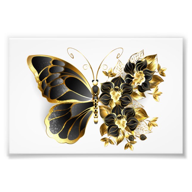 Guld Flower Butterfly med Black Orchid Fototryck (Framsidan)