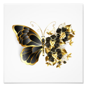 Guld Flower Butterfly med Black Orchid Fototryck