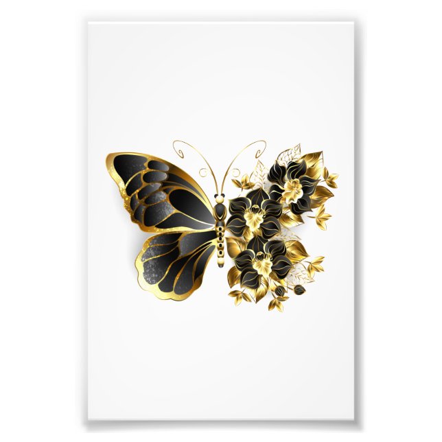 Guld Flower Butterfly med Black Orchid Fototryck (Framsidan)