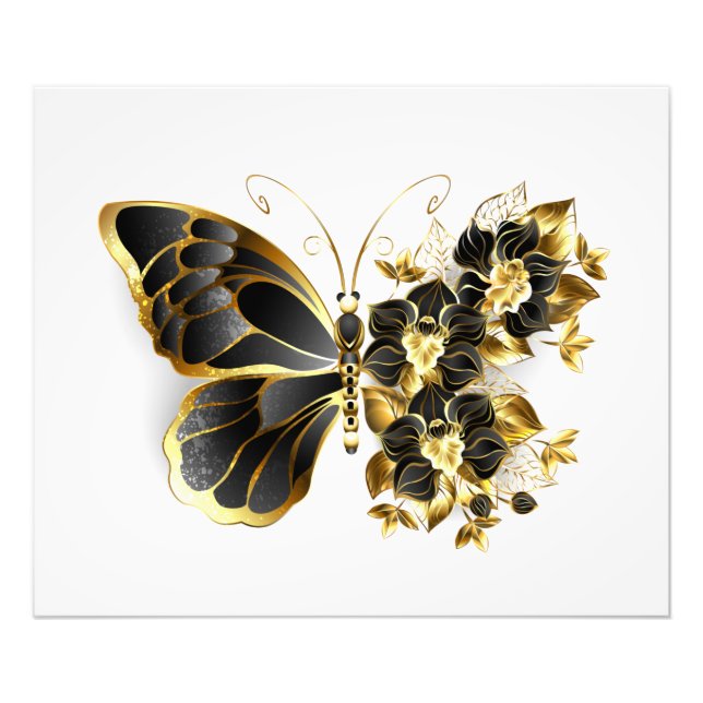 Guld Flower Butterfly med Black Orchid Fototryck (Framsidan)