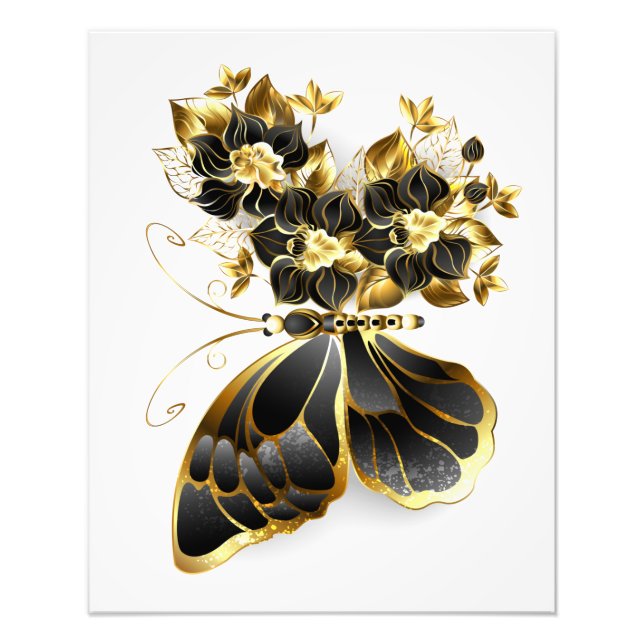 Guld Flower Butterfly med Black Orchid Fototryck (Framsidan)