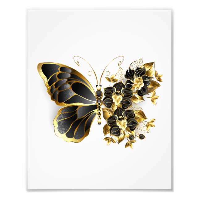 Guld Flower Butterfly med Black Orchid Fototryck (Framsidan)