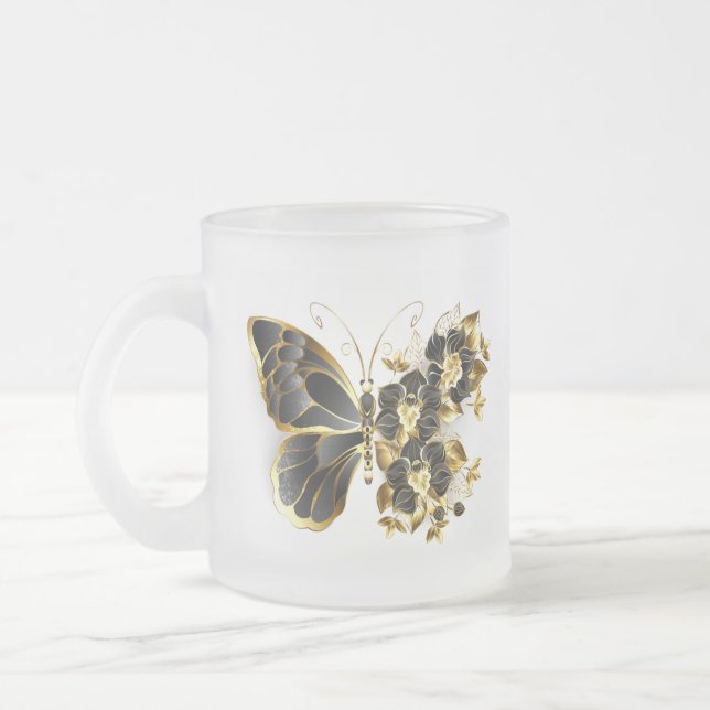 Guld Flower Butterfly med Black Orchid Frostad Glasmugg (Vänster)